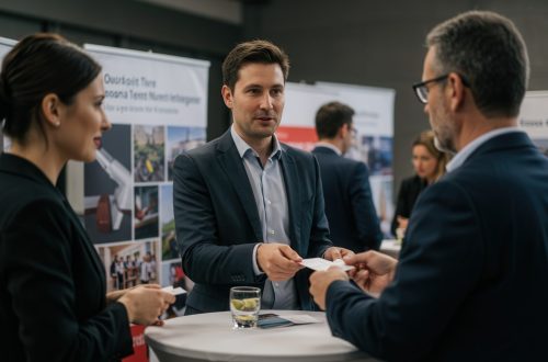 People exchanging business cards at a trade show